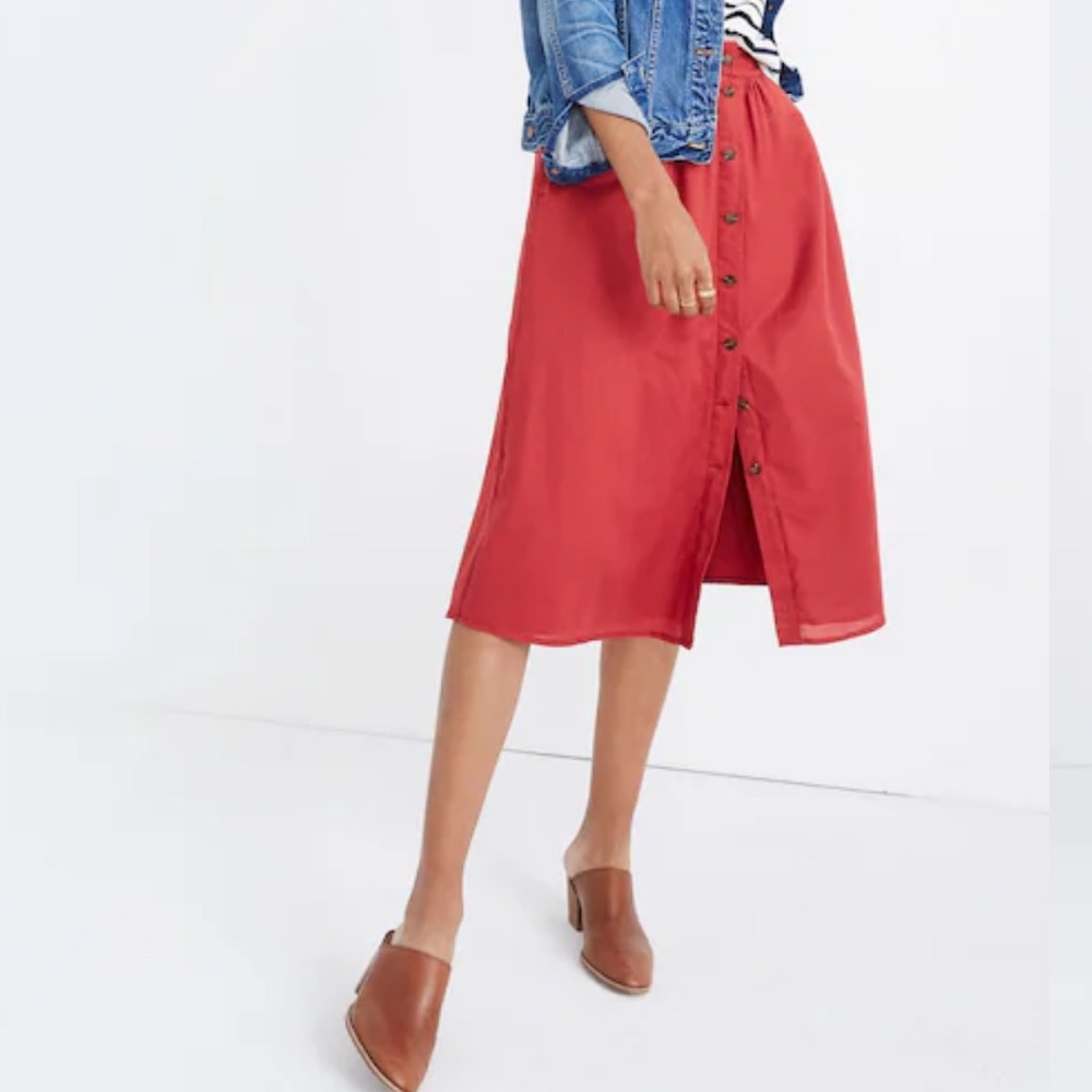 Madewell Palisade Button-Front Midi Skirt Warm Berry Red Pockets Lined Cowgirl-4